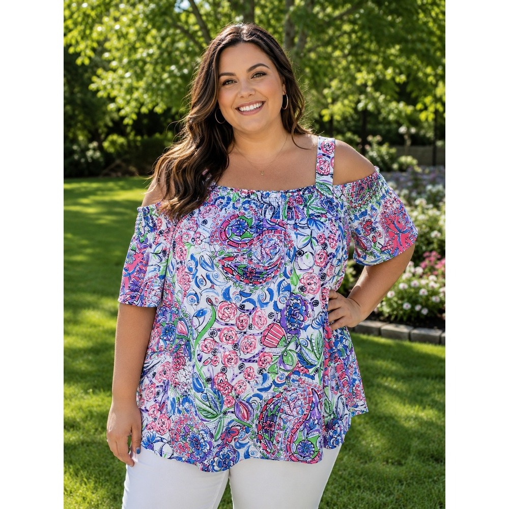 SUSAN GRAVER Women's 1X‎ Floral Top Liquid Knit Off The Shoulder Colorful -623